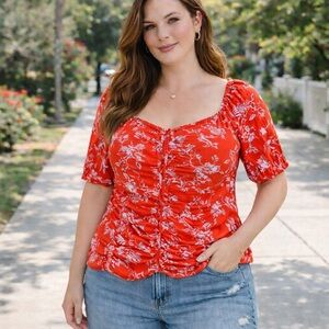 Ava & Viv Size 3X Red Floral Top Balloon Sleeve Smocked Flirty Coquette